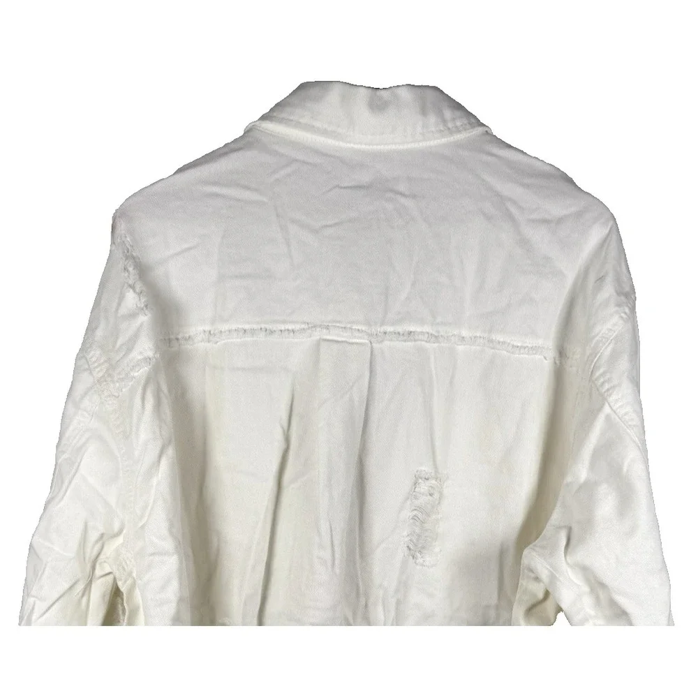 Y2K Distressed White Denim Jacket Long Sleeve Button Casual Womens‎ 3XL NEW